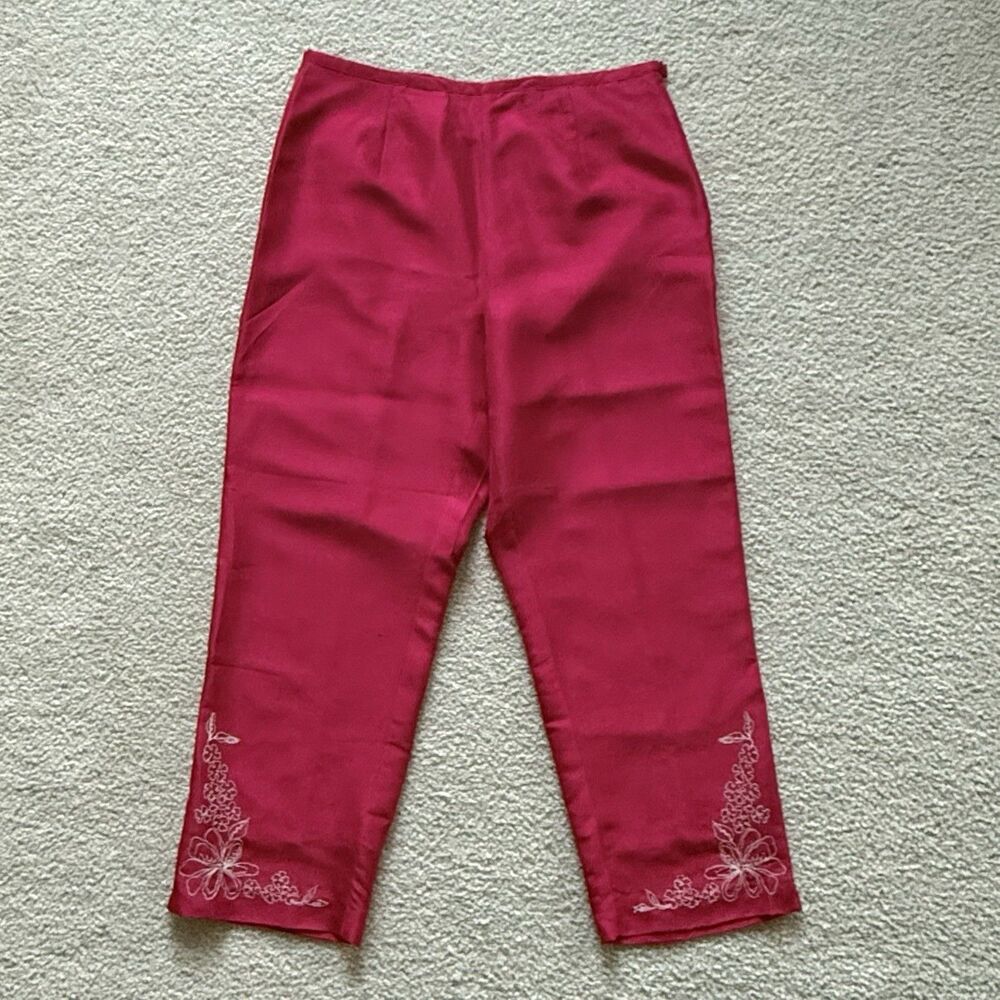 Melrose Studio Womens Size 10 Fuchsia Pink Silk Lined Ankle Pants Embroidered